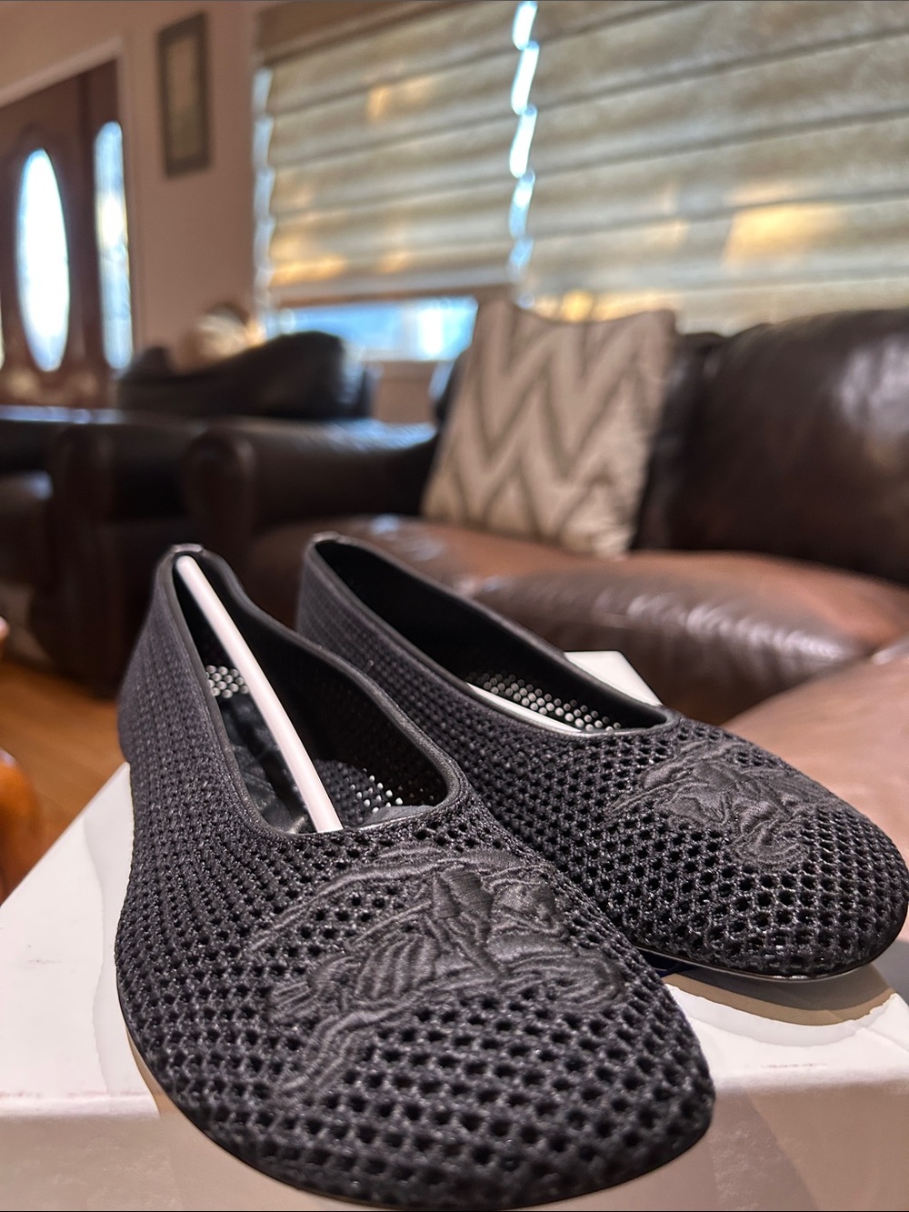Women's Black  Burberry Mesh Ballet Flats with Embroidered